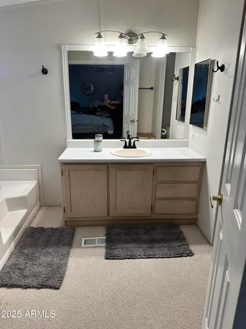 a bathroom with a sink a large mirror and vanity