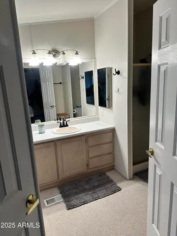 a bathroom with a sink double vanity and a mirror