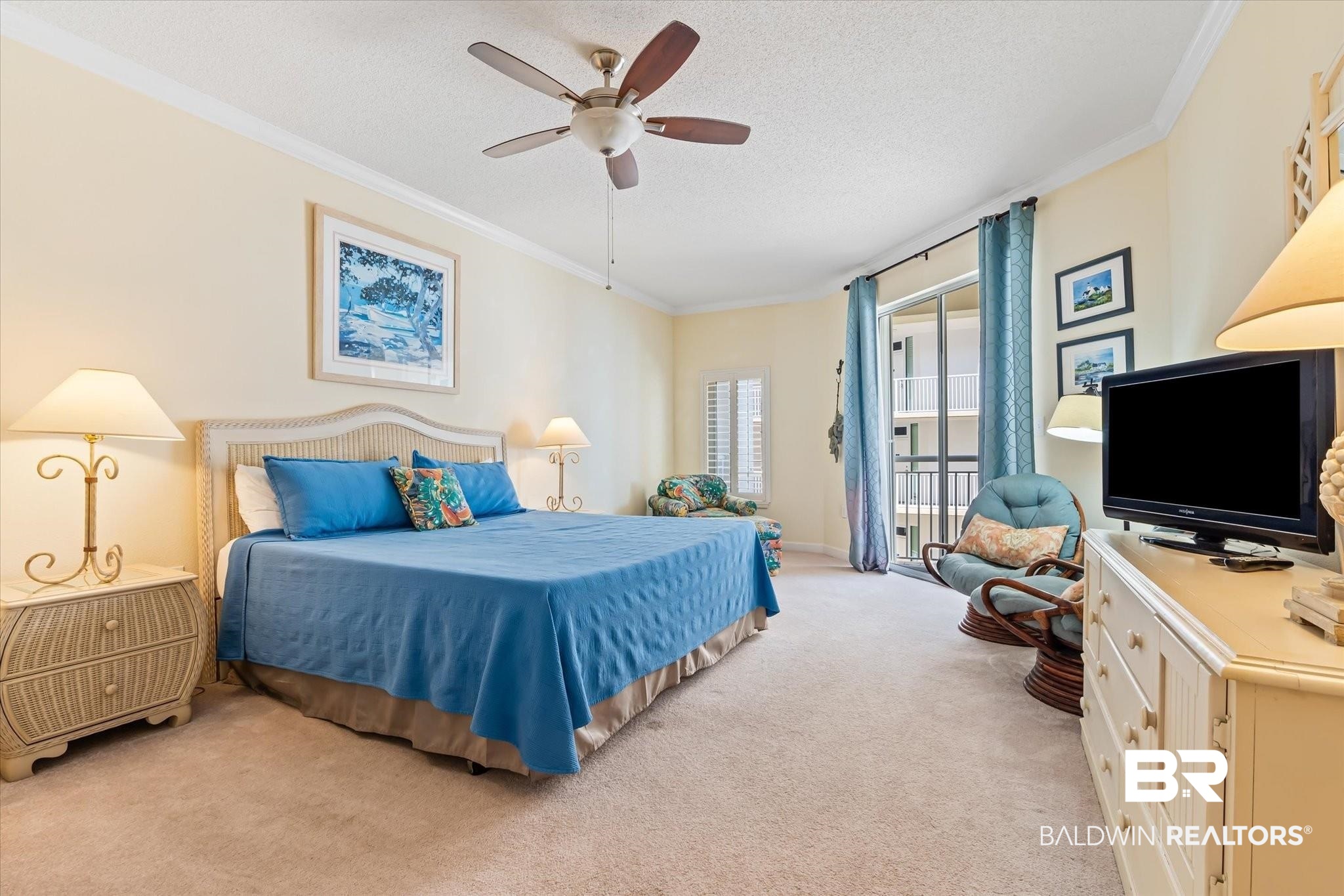 27770 Canal Road, Unit 2304 Orange Beach, AL 36561 - Photo 13 of 30 Bedroom featuring crown molding, light colored carpet, a ceiling fan, a textured ceiling, and access to outside