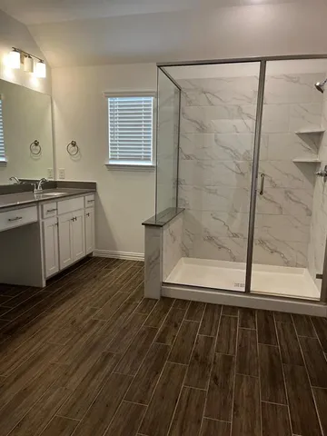 a bathroom with a sink and a mirror