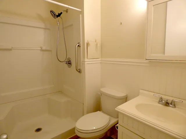 a bathroom with a sink a toilet and shower