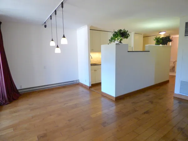 a view of a kitchen with wooden floor
