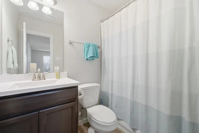 a bathroom with a sink a toilet a mirror and shower curtain