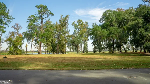 a big yard with large trees