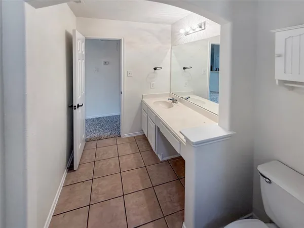 a bathroom with a sink a toilet and mirror