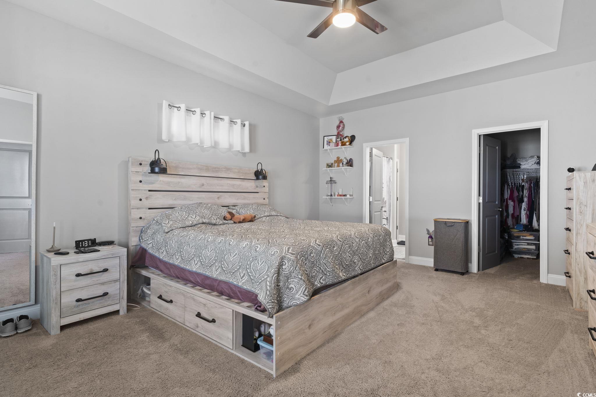 804 Twickenham Loop Longs, SC 29568 - Photo 15 of 26 Bedroom featuring a raised ceiling, a spacious closet, light carpet, and a ceiling fan