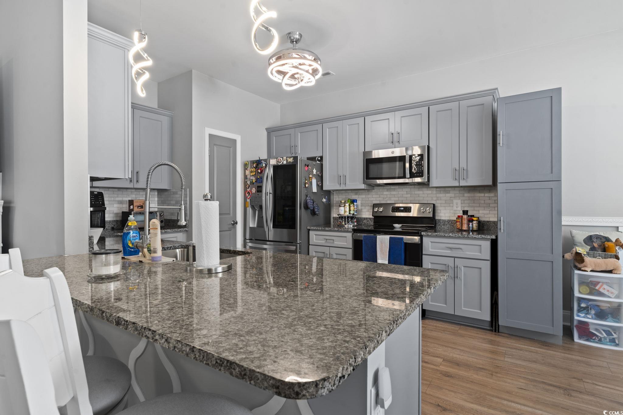 804 Twickenham Loop Longs, SC 29568 - Photo 10 of 26 Kitchen with a peninsula, gray cabinets, stainless steel appliances, and dark stone countertops