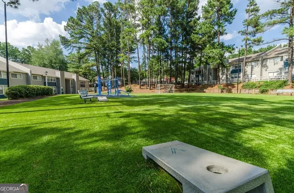 a view of a park with swings