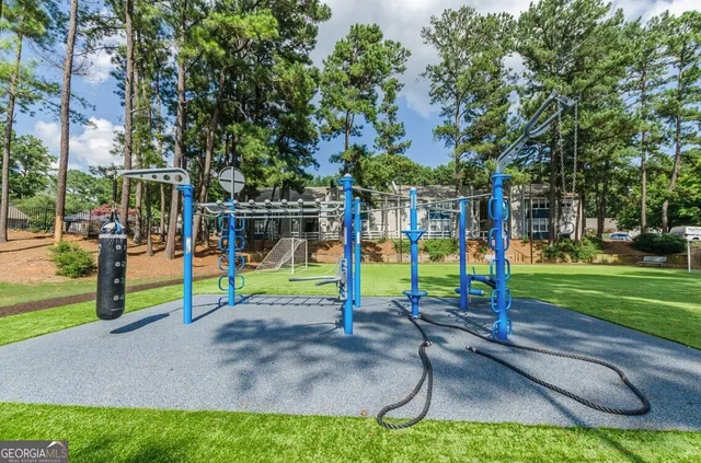 a view of a park with a slide
