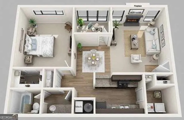 a living room with furniture and wooden floor