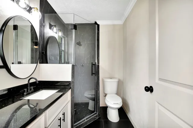 a bathroom with a granite countertop sink toilet and shower