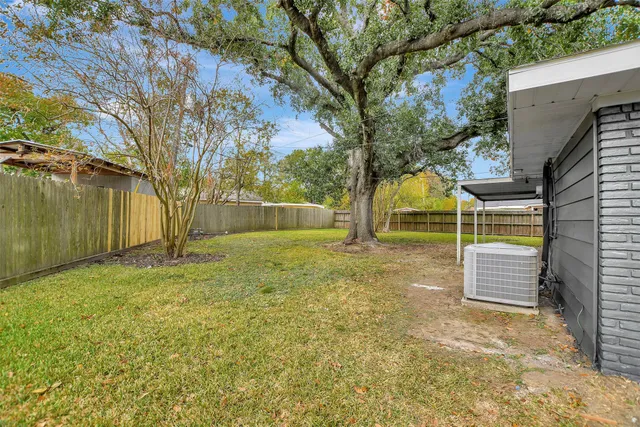 a view of a backyard with a tree