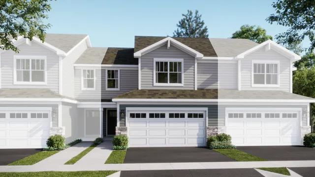a front view of a house with a yard and potted plants