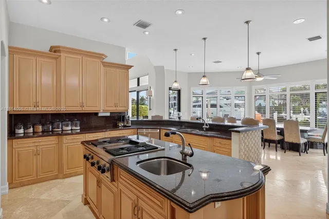 a kitchen with stainless steel appliances granite countertop a sink a stove and a refrigerator