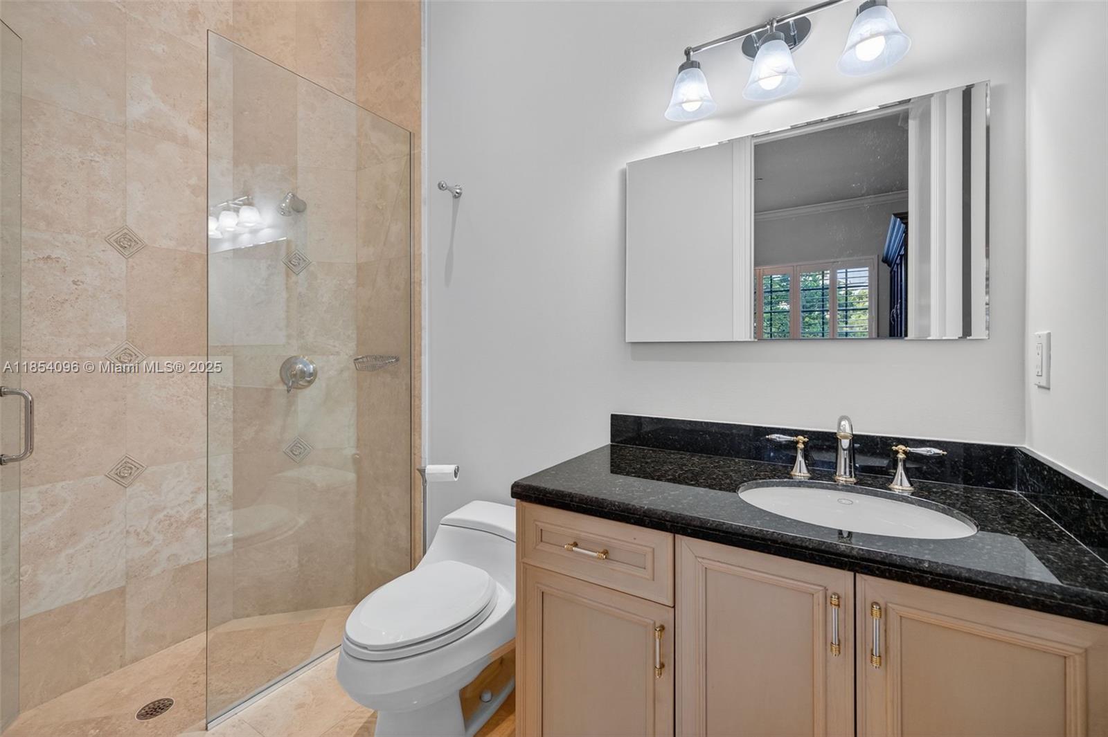 2649 Northeast 26th Avenue Lighthouse Point, FL 33064 - Photo 41 of 60 a bathroom with a granite countertop sink a toilet a mirror and shower