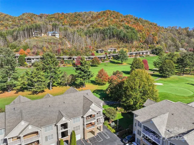 an aerial view of residential houses with outdoor space and trees