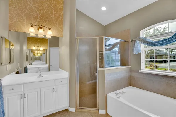 a bathroom with a tub sink and mirror