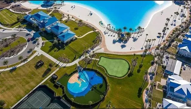 an aerial view of a swimming pool
