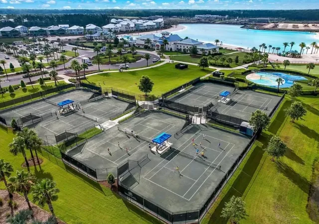 an aerial view of a houses with a swimming pool