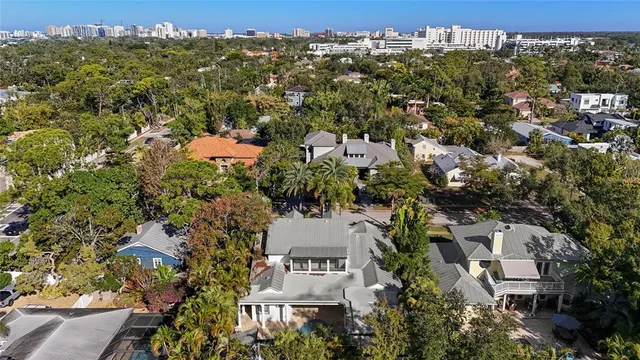 an aerial view of residential houses with city view