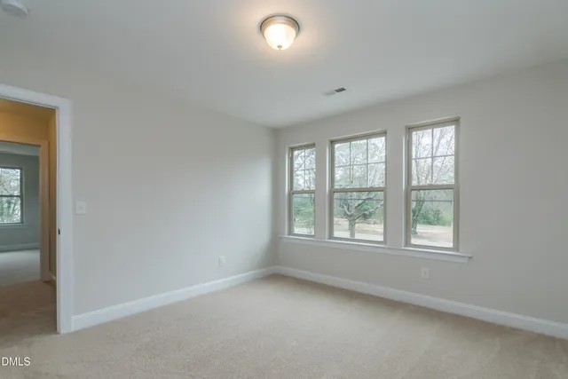 a view of a room with large trees and plants