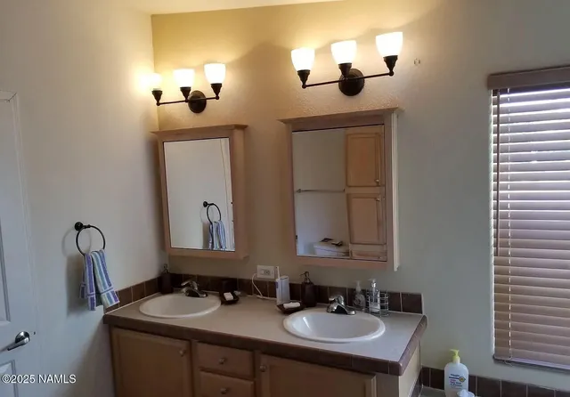 a bathroom with a sink vanity and a mirror