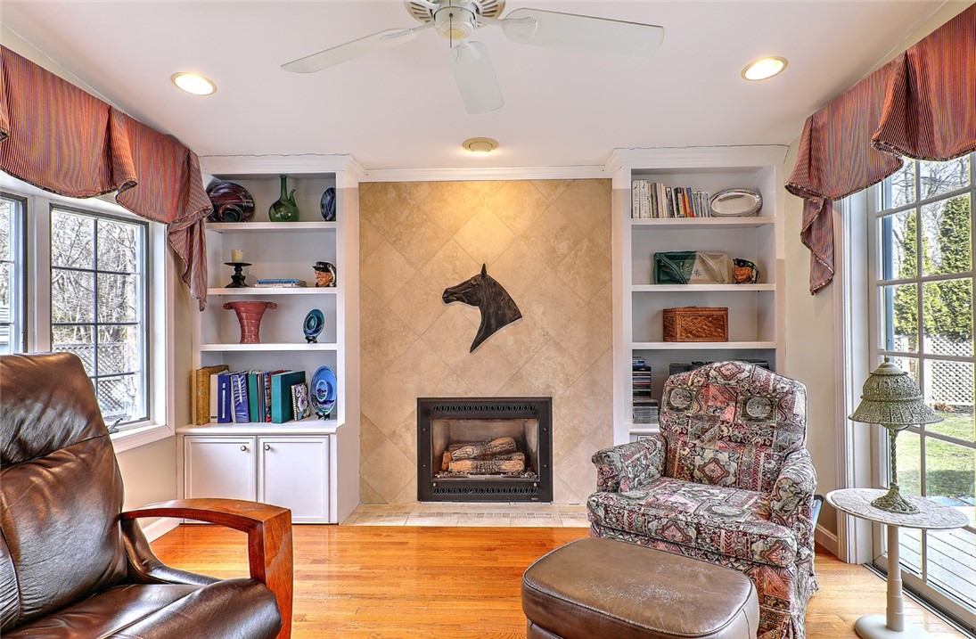 
family room with built in bookcases