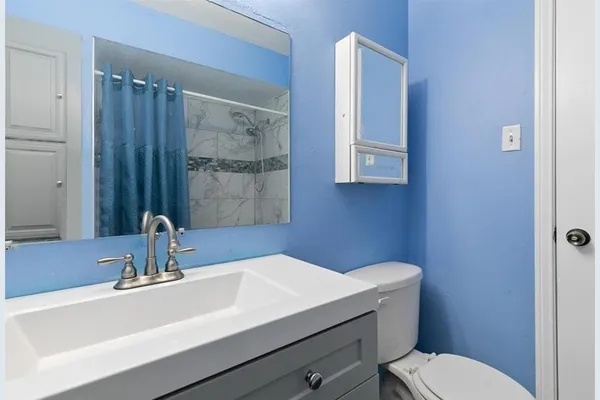 a bathroom with a sink a toilet and mirror