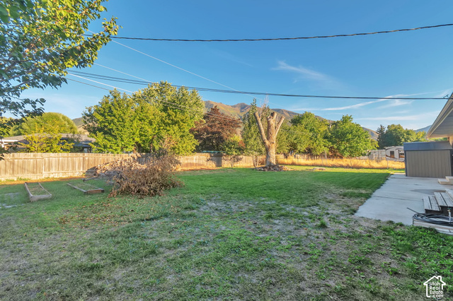386 North 210 East Mapleton, UT 84664 - Photo 28 of 30 Expansive backyard featuring a concrete patio, wood fencing, a storage shed, and mature trees