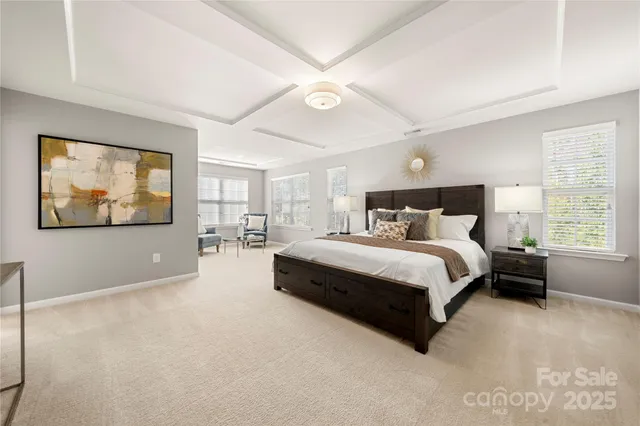 a bedroom with a large bed and a chandelier