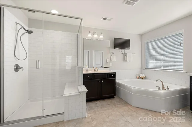 a bathroom with a tub sink shower and mirror