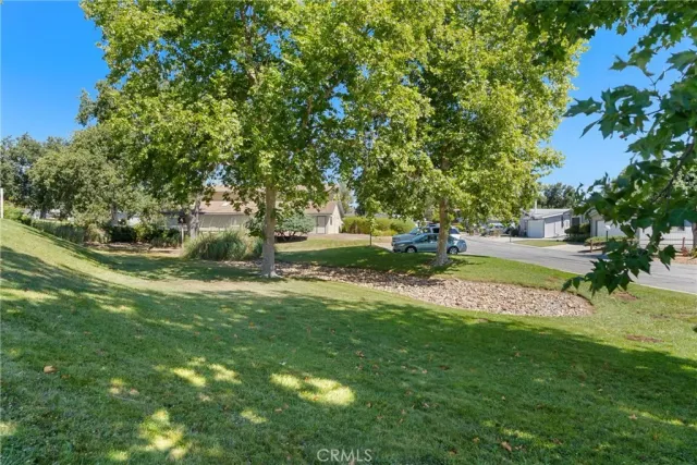 a view of a garden with houses