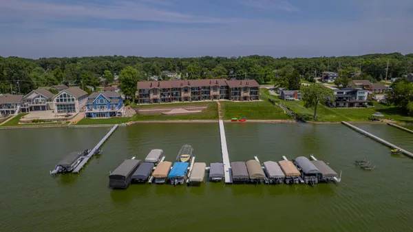 a view of a lake with a big yard