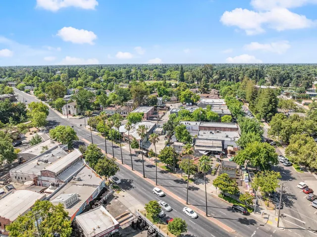 an aerial view of a swimming pool