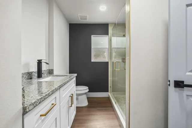 a bathroom with a granite countertop sink a toilet and a shower