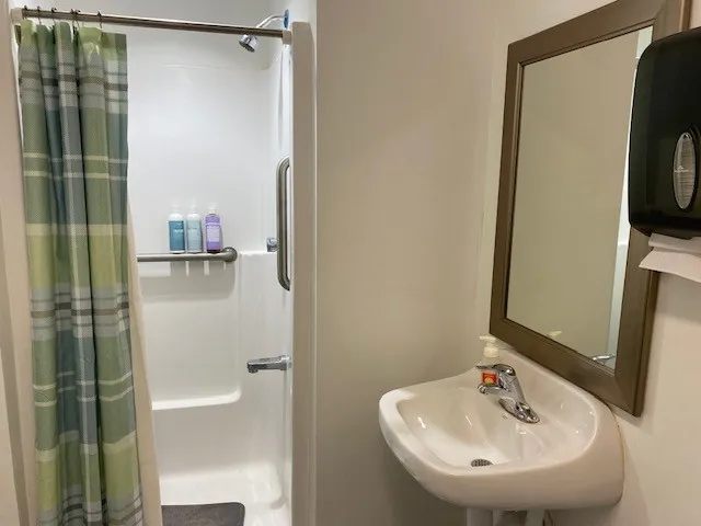 a bathroom with a sink and a mirror