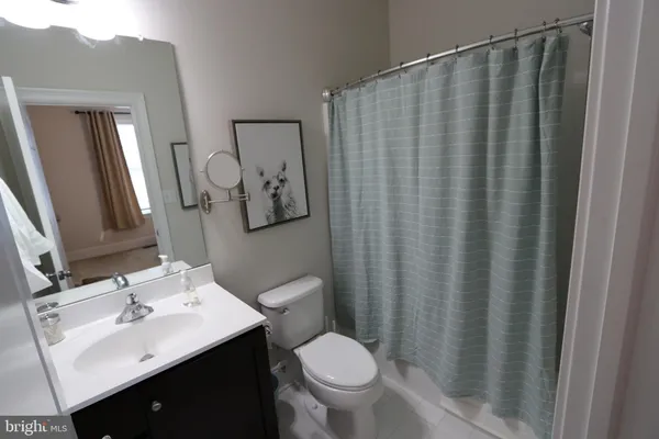 a bathroom with a sink a toilet a mirror and shower curtain