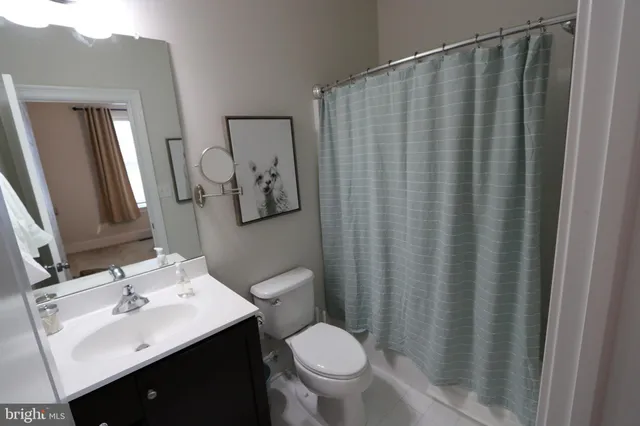 a bathroom with a sink a toilet a mirror and shower curtain