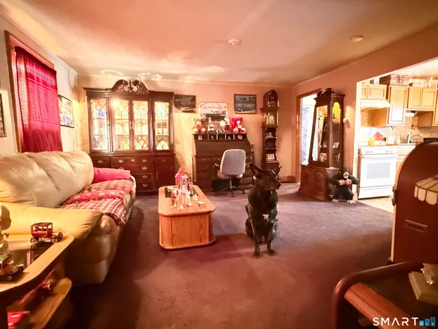 a living room with furniture gym equipment and a large window