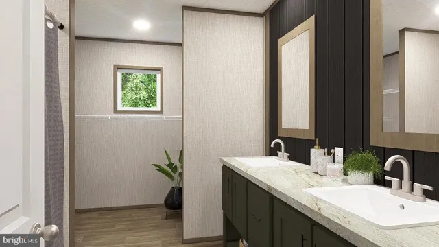 a bathroom with a granite countertop sink a mirror and a window