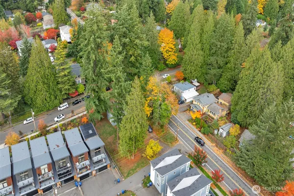 an aerial view of a house with a garden