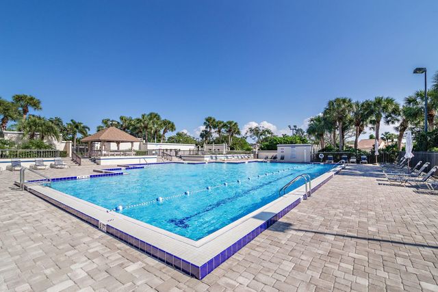 a view of a swimming pool with a bench and trees around