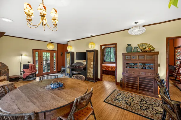 a view of a dining room with furniture