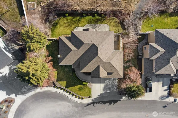 an aerial view of a house with a yard and a large tree