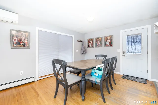 a view of a dining room with furniture and wooden floor