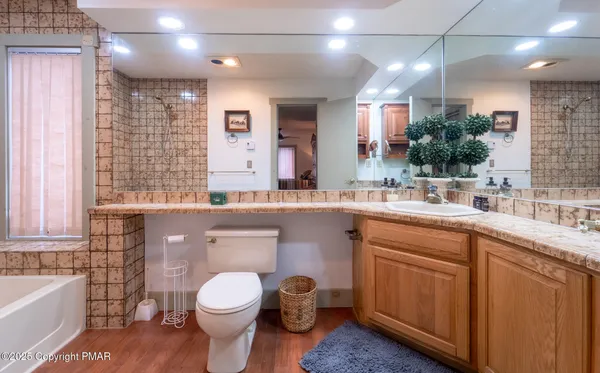 a bathroom with a sink a toilet a mirror and vanity
