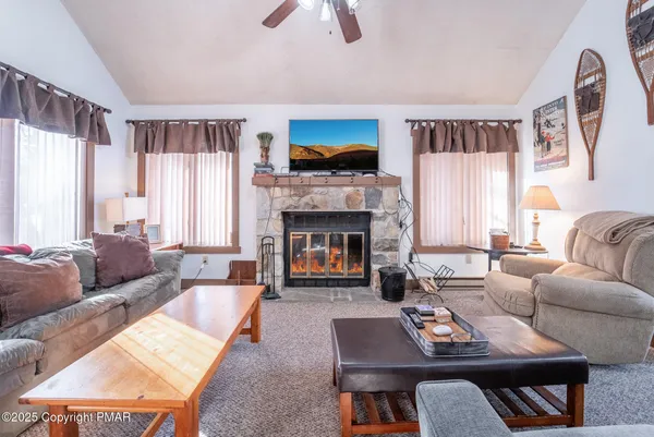 a living room with furniture and a fireplace