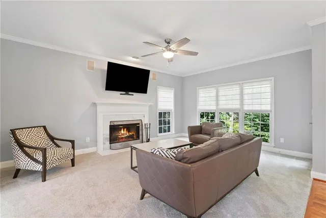 a living room with furniture a flat screen tv and a fireplace