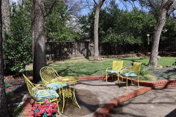 a view of a chairs and table in patio