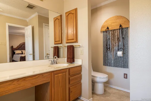 a bathroom with a sink a toilet and mirror